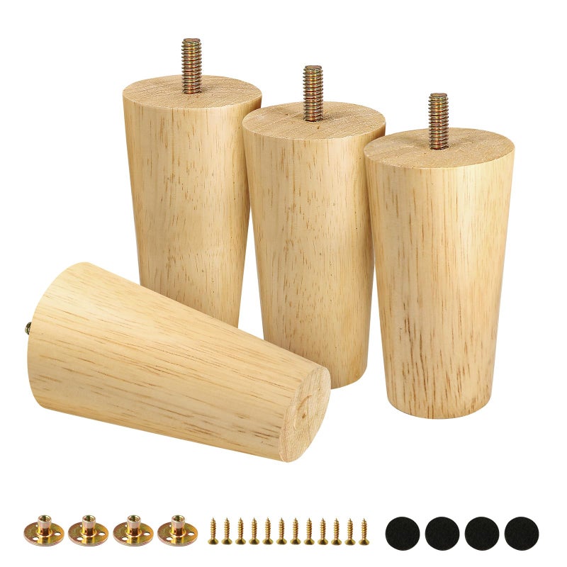 FoDau770 Rubber Wood Furniture Legs 4 Inches, Straight Tapered Wood Legs Mid Century Sofa Legs Set of 4, 5/16"" UNC Furniture Feet Replacement Legs for Cabinet Sofa Couch Dresser Chair Ottoman Table - Image 1